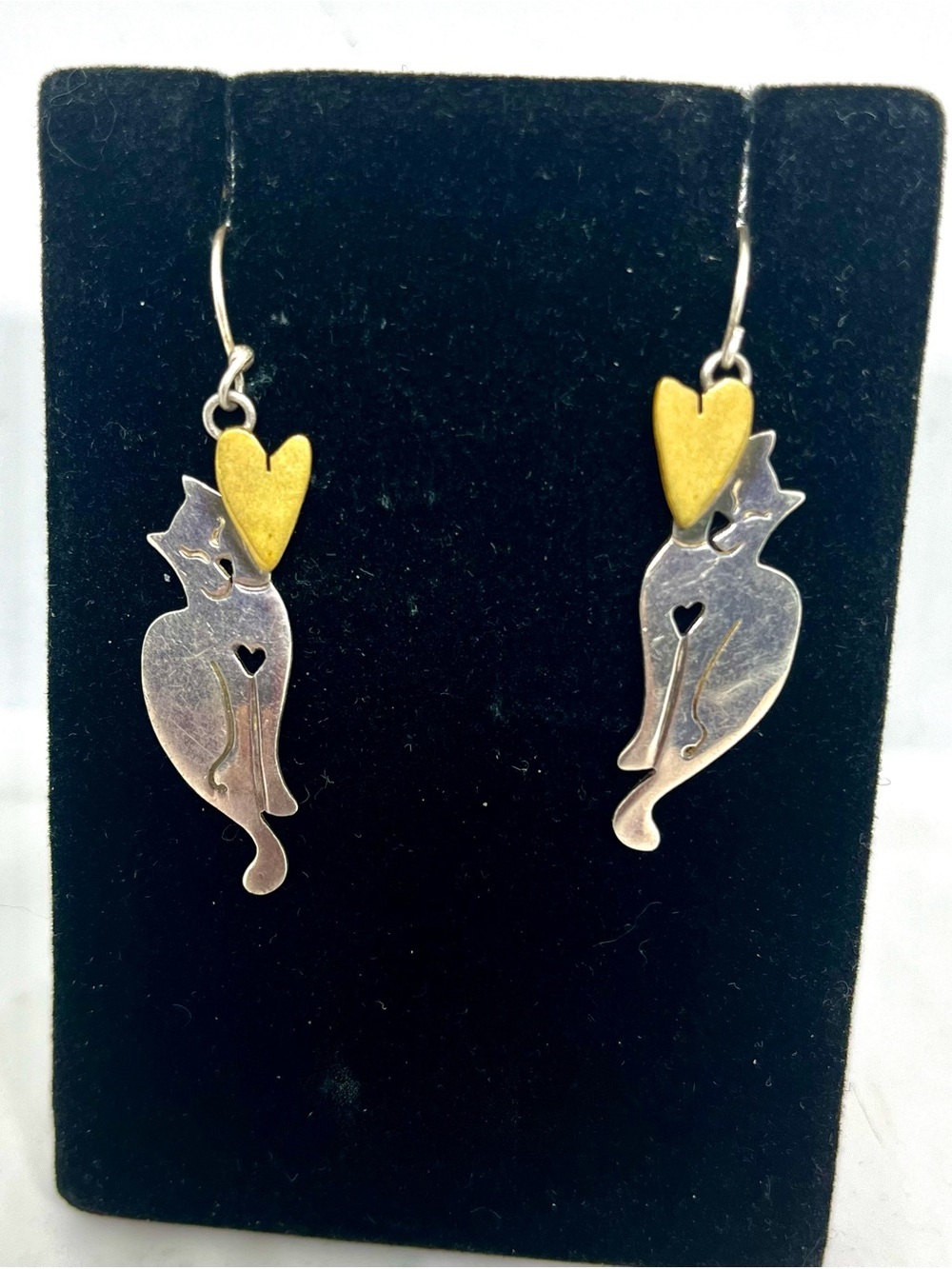 Cat Silhouette Heart Drop Earrings - Gold & Silver